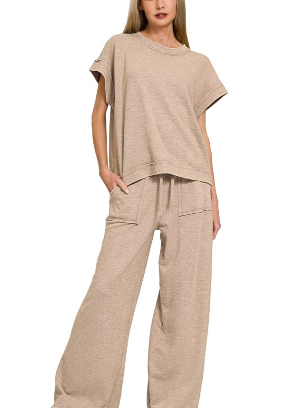 Zenana Washed Slub Short Sleeve Tee & Wide Leg Pants Lounge Set Ash Mocha NWOT